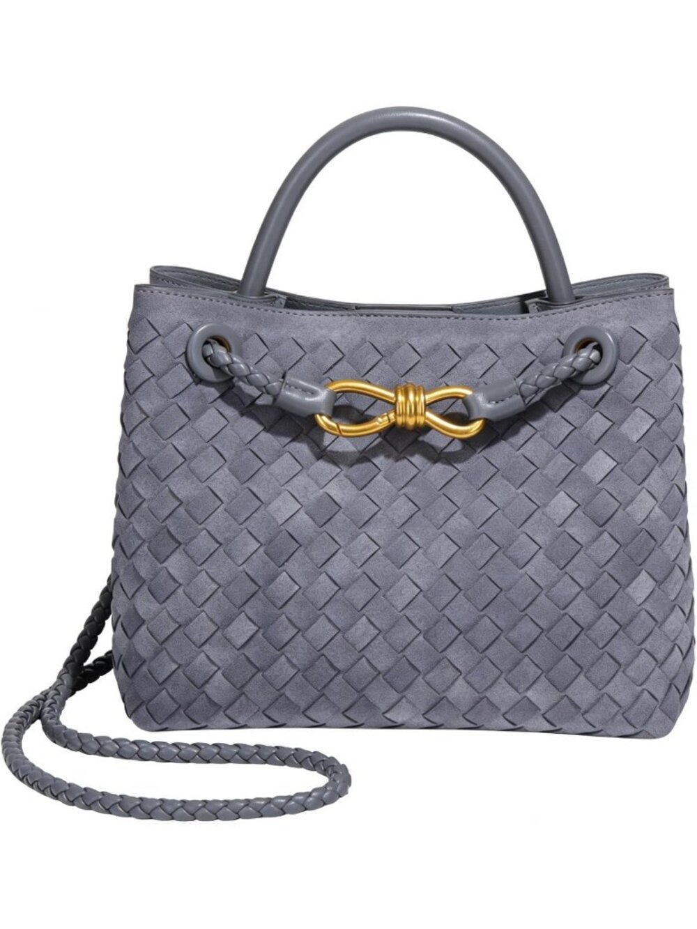 Women's B Grey Woven Leather Tote Handle Designer Handbag Shoulder Bag
